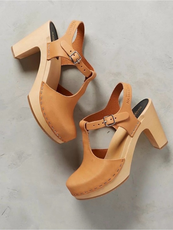 Swedish Hasbeens Shoes - Swedish Hasbeens X Anthropologie Camel Leather T‑Strap Sky High Platform Clogs